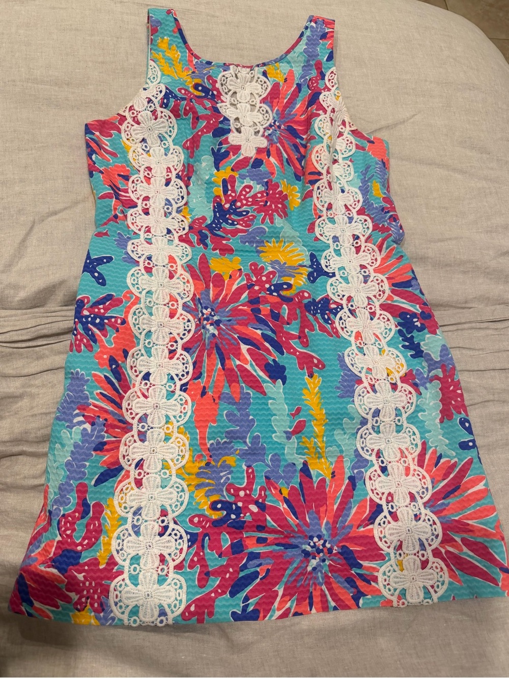 Lilly Pulitzer Turquoise Coral Pink Multicolor Floral Lace-Trim Dress